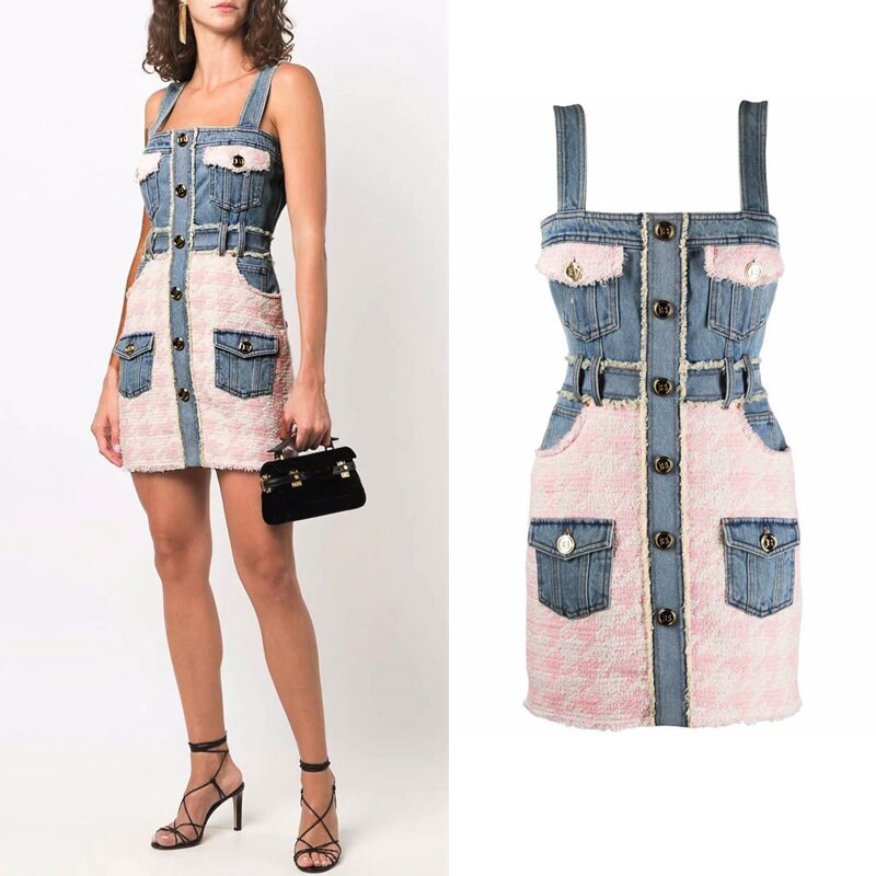 Denim patchwork vest dress, designer woman one piece rompers casual dress for Smart Casual/ Formal/ Party/ Gift for her