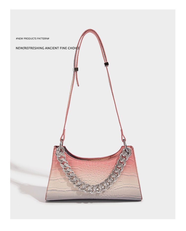 Pink gradient handbag with fixed strap, vibrant color lady party shoulder bag, non-cross body bag purse small clutch