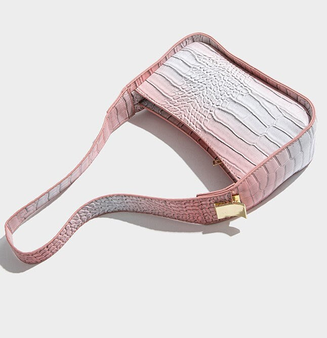 Pink gradient handbag with fixed strap, vibrant color lady party PU shoulder bag, non-cross body bag purse small clutch