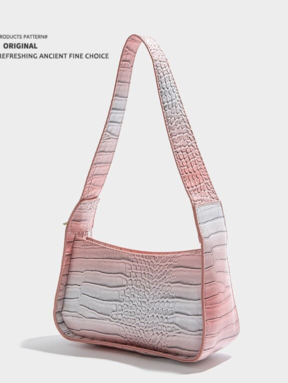 Pink gradient handbag with fixed strap, vibrant color lady party PU shoulder bag, non-cross body bag purse small clutch