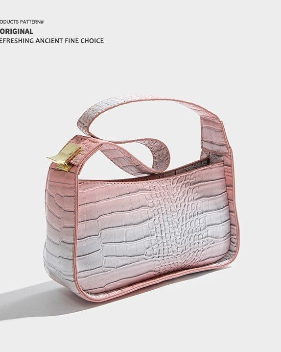 Pink gradient handbag with fixed strap, vibrant color lady party PU shoulder bag, non-cross body bag purse small clutch