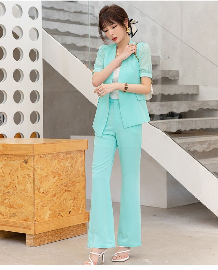 Aqua blue pastel slim cut pantsuit, designer woman suit jacket + pants formal summer suit set office event party wedding gift for her