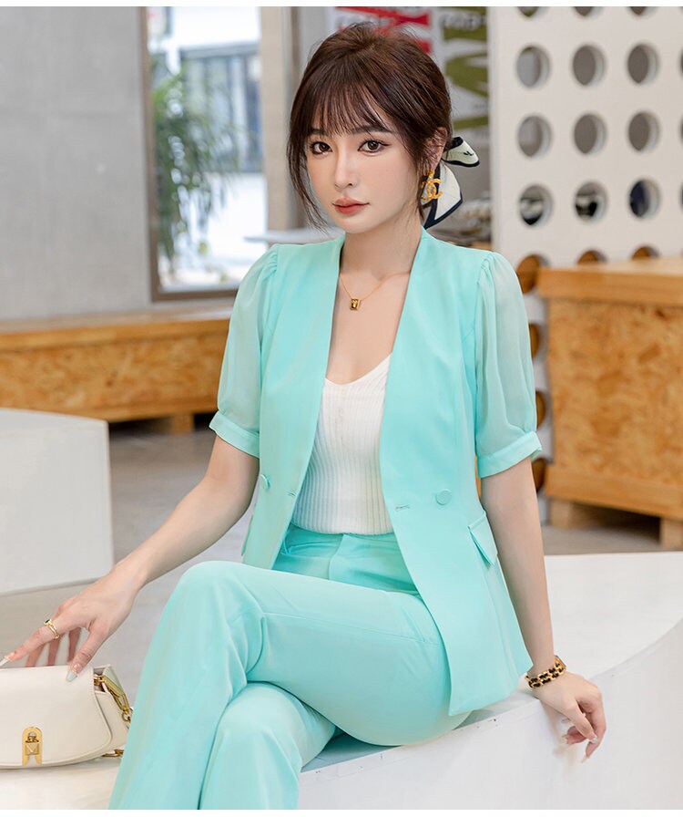 Aqua blue pastel slim cut pantsuit, designer woman suit jacket + pants formal summer suit set office event party wedding gift for her