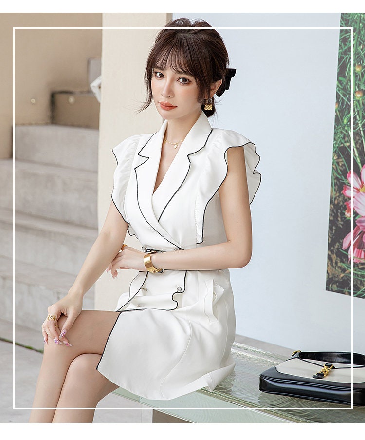 White outlined suit dress, woman designer suit jacket dluffy sleeves summer suit formal smart casual event party wedding gift for her