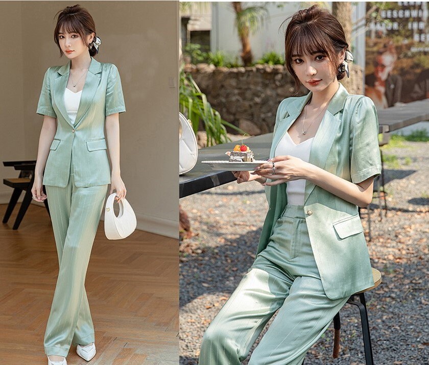 Pastel green acetate pantsuit, woman designer summer suit jacket + pants smart casual office lady event party wedding gift for her