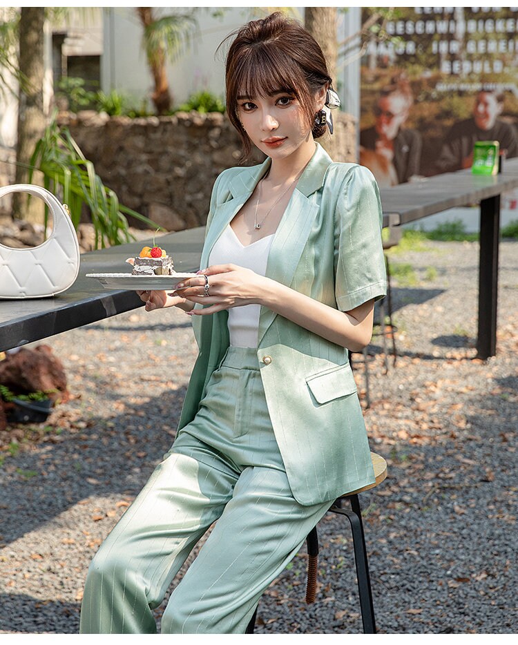 Pastel green acetate pantsuit, woman designer summer suit jacket + pants smart casual office lady event party wedding gift for her