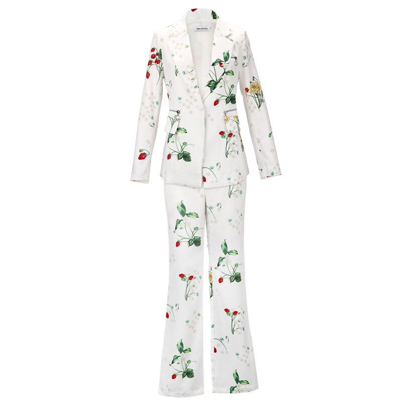 Floral pattern pantsuit, woman designer strawberry graphics suit jacket + pants, thin layered soft suit set formal office smart casual gift