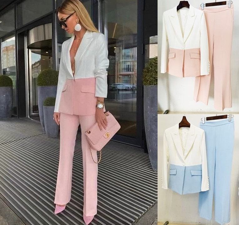 2022 Women Colour-Blocked Pastel color matches Blazer + Mid-High Rise Flare Trousers Suit set