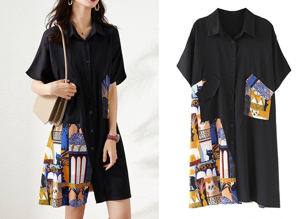 Patchwork black shirtdress, plus size designer woman long shirt/ blouse collage art smart casual outdoors party office gift for her