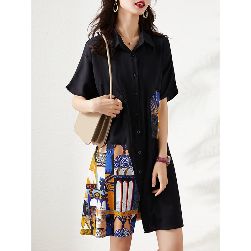 Patchwork black shirtdress, plus size designer woman long shirt/ blouse collage art smart casual outdoors party office gift for her