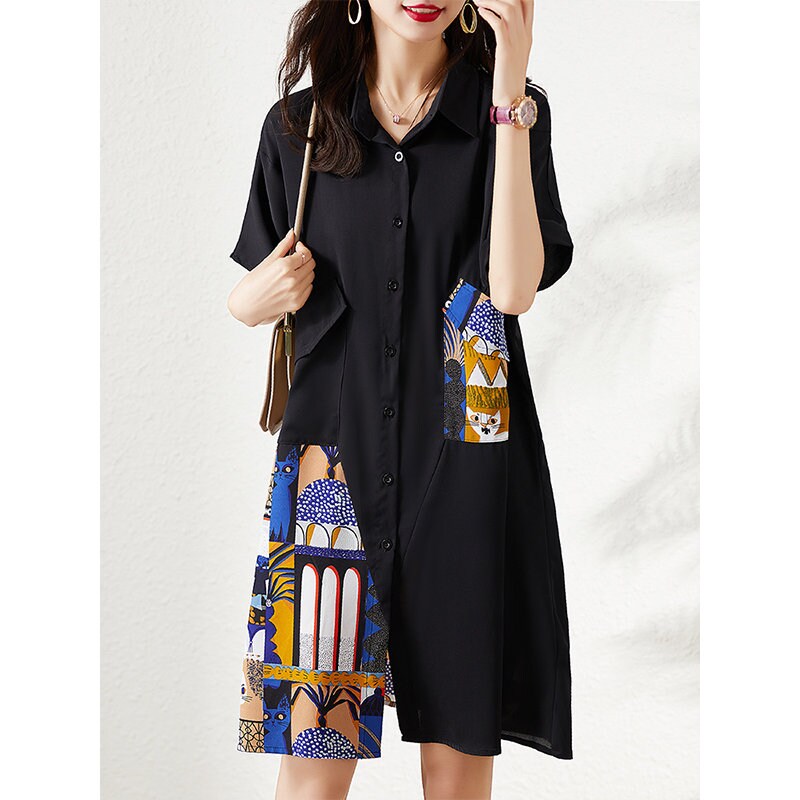 Patchwork black shirtdress, plus size designer woman long shirt/ blouse collage art smart casual outdoors party office gift for her