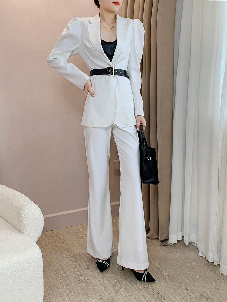 Woman white pantsuit, designer tied-waist puff-sleeve blazer + pants with belt minimalist style formal work office wedding event party gift