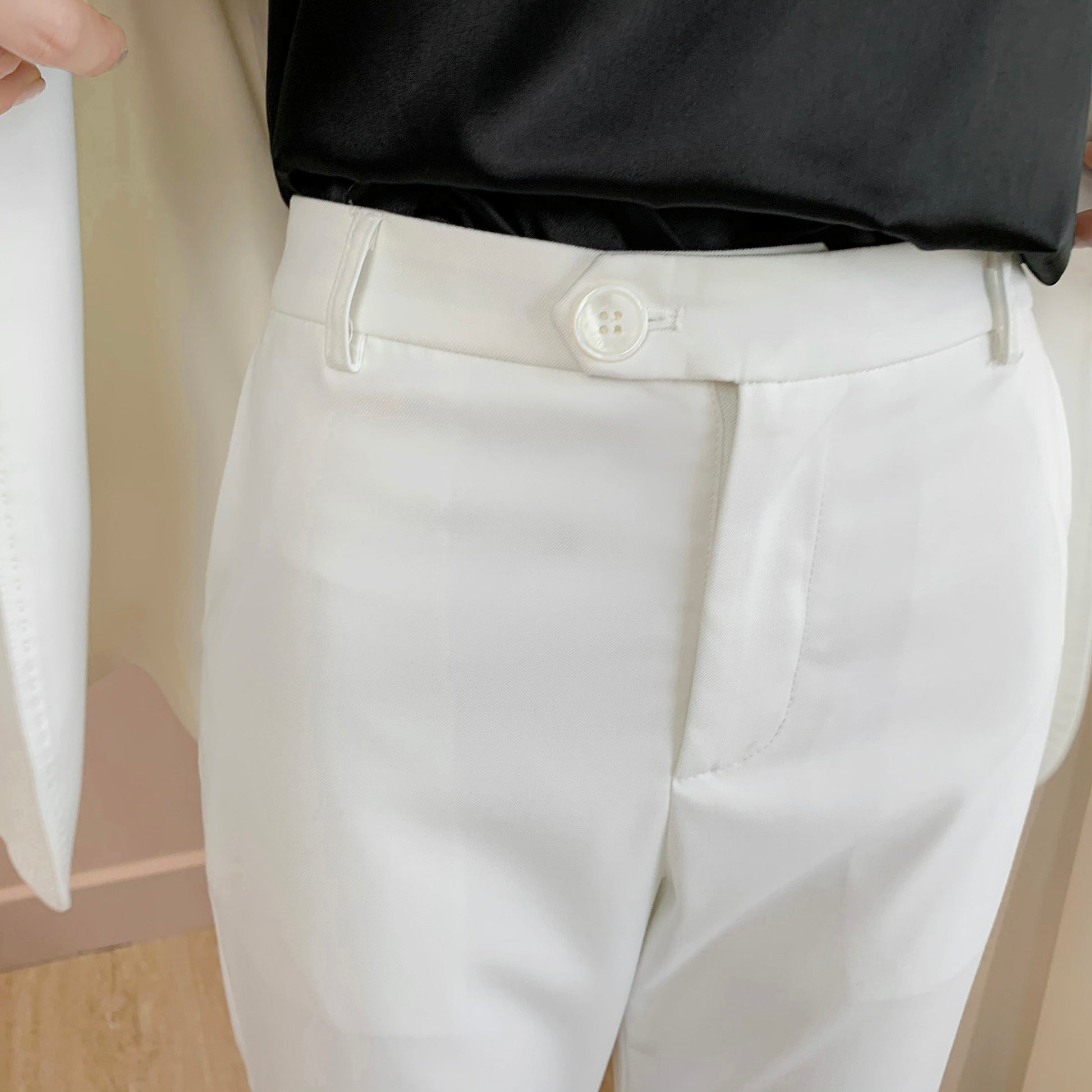 Woman white pantsuit, designer tied-waist puff-sleeve blazer + pants with belt minimalist style formal work office wedding event party gift