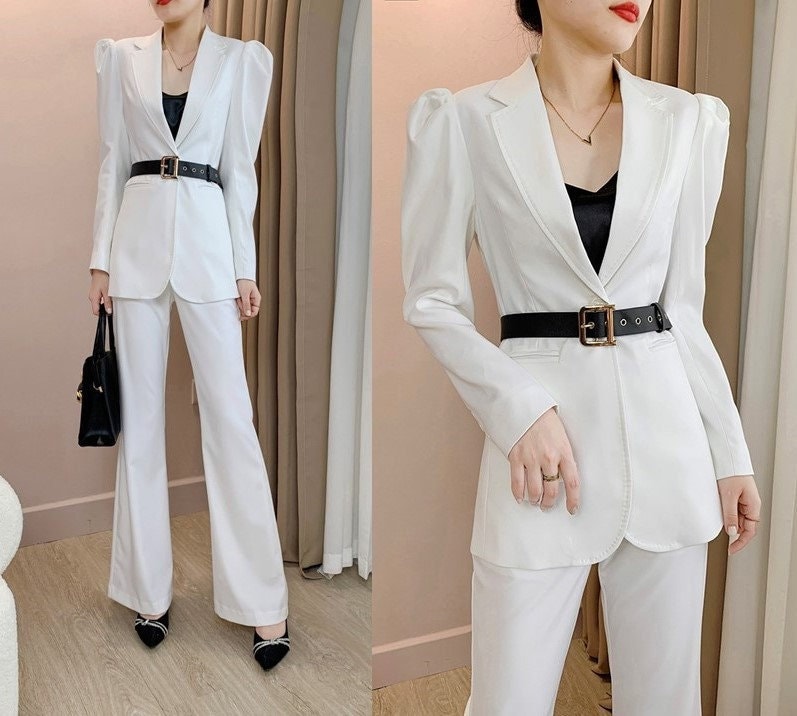 Woman white pantsuit, designer tied-waist puff-sleeve blazer + pants with belt minimalist style formal work office wedding event party gift