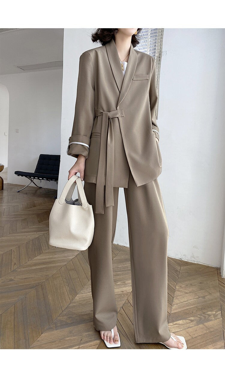 Light brown pantsuit, designer woman suit jacket + pants suit set, chic loose fit Korean smart casual formal office work party event gift