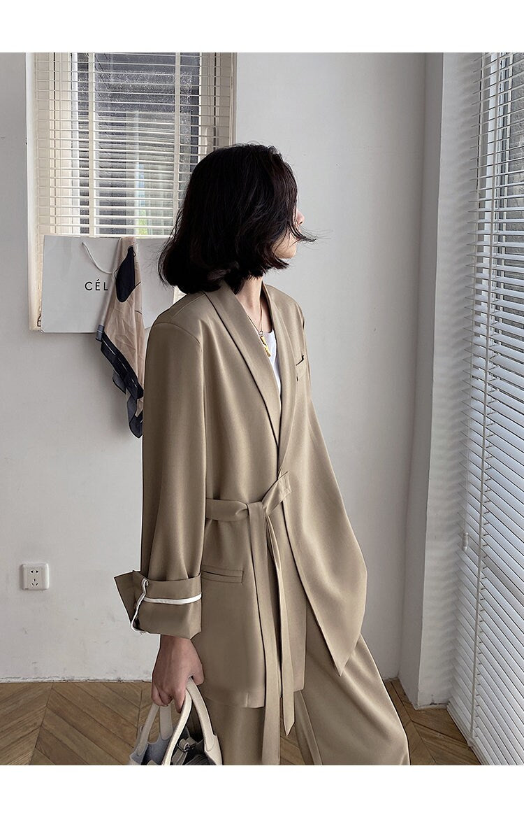 Light brown pantsuit, designer woman suit jacket + pants suit set, chic loose fit Korean smart casual formal office work party event gift