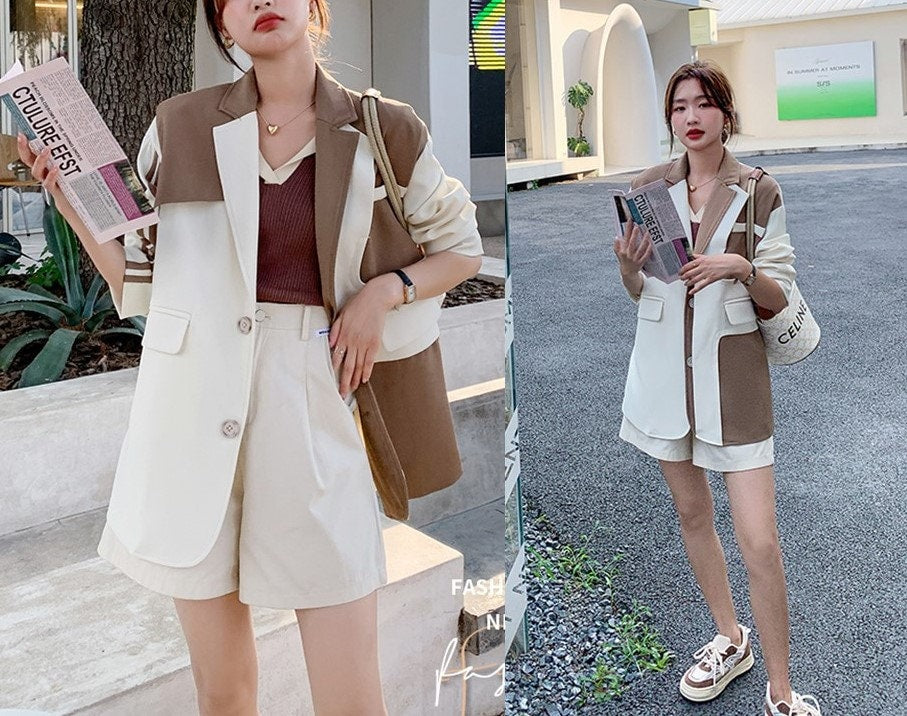 Brown patchwork blazer, designer woman suit jacket , chic loose fit Korean smart casual formal office work party gift