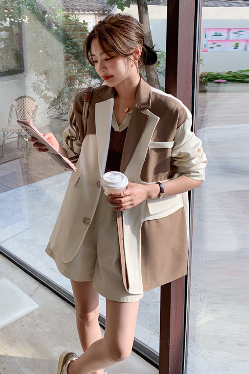 Brown patchwork blazer, designer woman suit jacket , chic loose fit Korean smart casual formal office work party gift