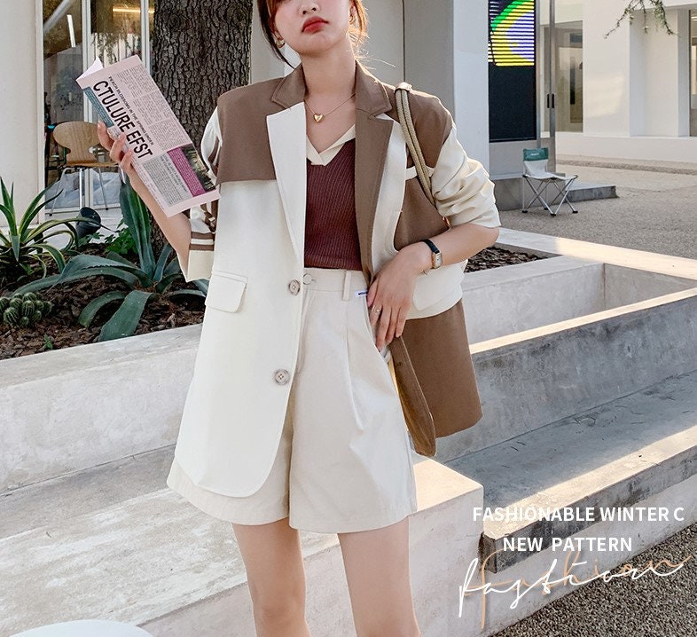 Brown patchwork blazer, designer woman suit jacket , chic loose fit Korean smart casual formal office work party gift