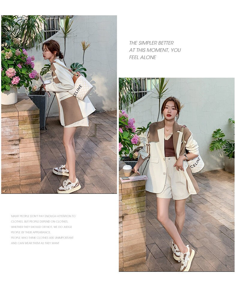 Brown patchwork blazer, designer woman suit jacket , chic loose fit Korean smart casual formal office work party gift