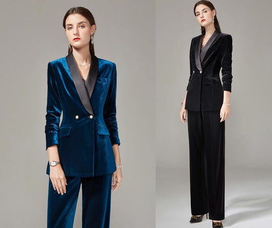 Blue/ Black Velvet Pantsuit, Designer Woman Suit Jacket + Pants Slim Cut Deluxe for Smart Casual/ Formal/ Party Event/ Gift