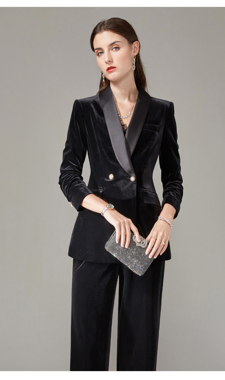 Blue/ Black Velvet Pantsuit, Designer Woman Suit Jacket + Pants Slim Cut Deluxe for Smart Casual/ Formal/ Party Event/ Gift