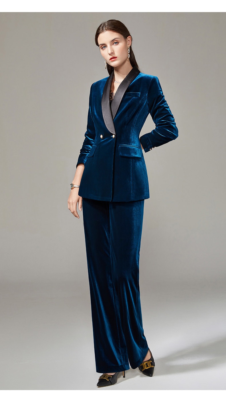 Blue/ Black Velvet Pantsuit, Designer Woman Suit Jacket + Pants Slim Cut Deluxe for Smart Casual/ Formal/ Party Event/ Gift