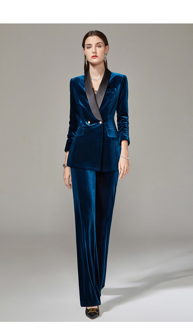 Blue/ Black Velvet Pantsuit, Designer Woman Suit Jacket + Pants Slim Cut Deluxe for Smart Casual/ Formal/ Party Event/ Gift