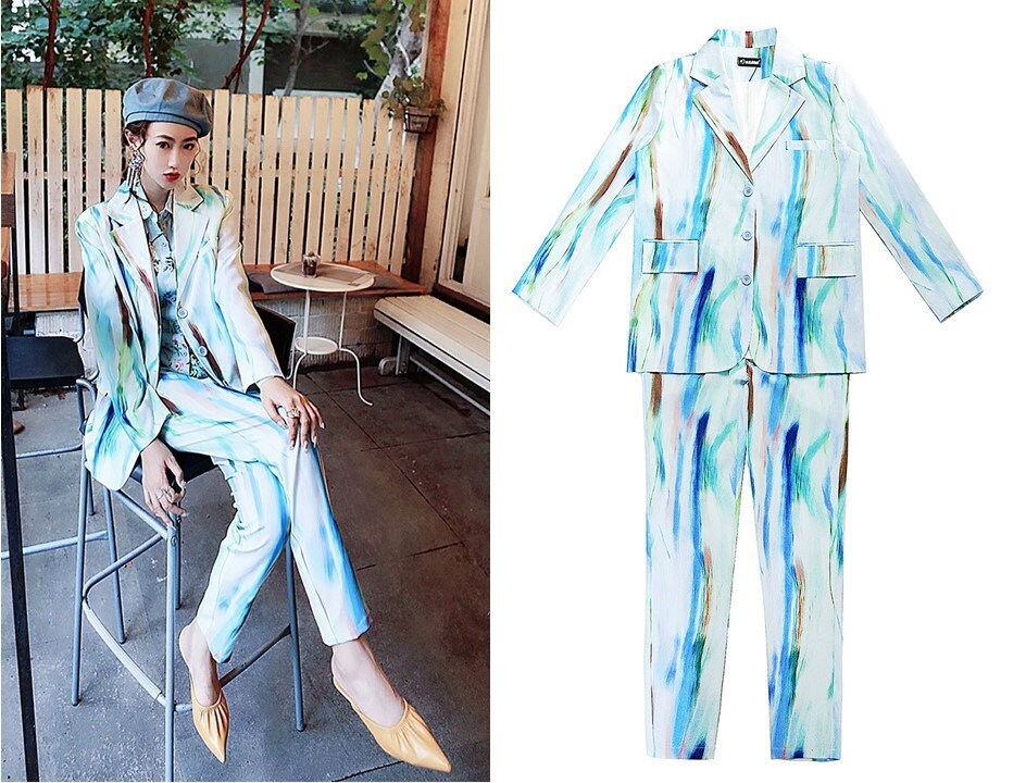 Colorful Woman Blazer + Pant Set, Designer Suit Jacket tie dye printing pattern random print , for casual/ formal, gift for her