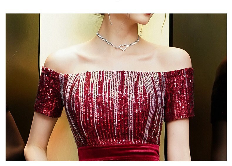 Red elegant mermaid dress, woman cold shoulder sexy sparkly prom dress, Luxury evening gown, Glitter shiny Bridal dress, wedding party