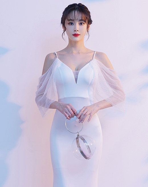 White elegant mermaid dress, woman cold shoulder sexy fairy prom dress, Luxury evening gown, slim cut Bridal dress, wedding party