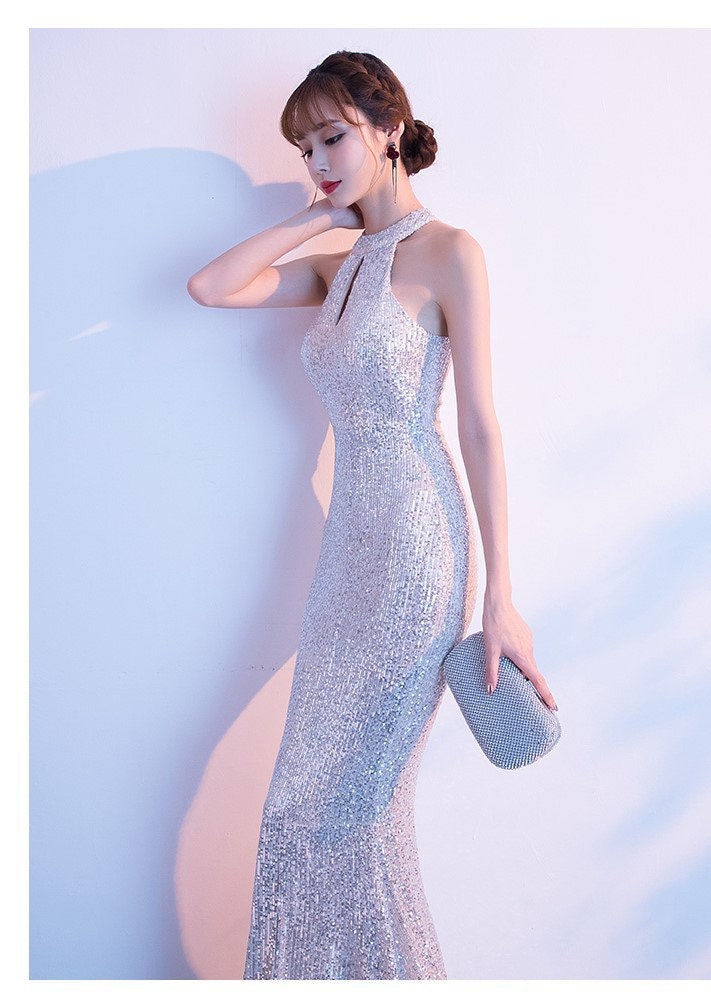 Shiny elegant mermaid dress, woman cold shoulder sexy sparkly prom dress, Luxury evening gown, Glitter shiny Bridal dress, wedding party