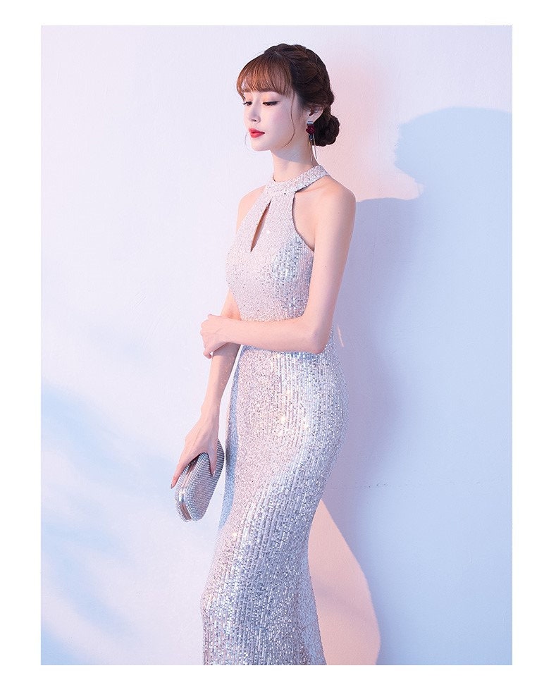 Shiny elegant mermaid dress, woman cold shoulder sexy sparkly prom dress, Luxury evening gown, Glitter shiny Bridal dress, wedding party