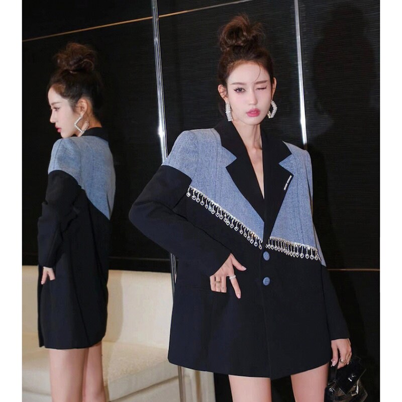 Denim patchwork blazer, designer woman asymmetrical suit jacket with beads formal tuxedo wedding party