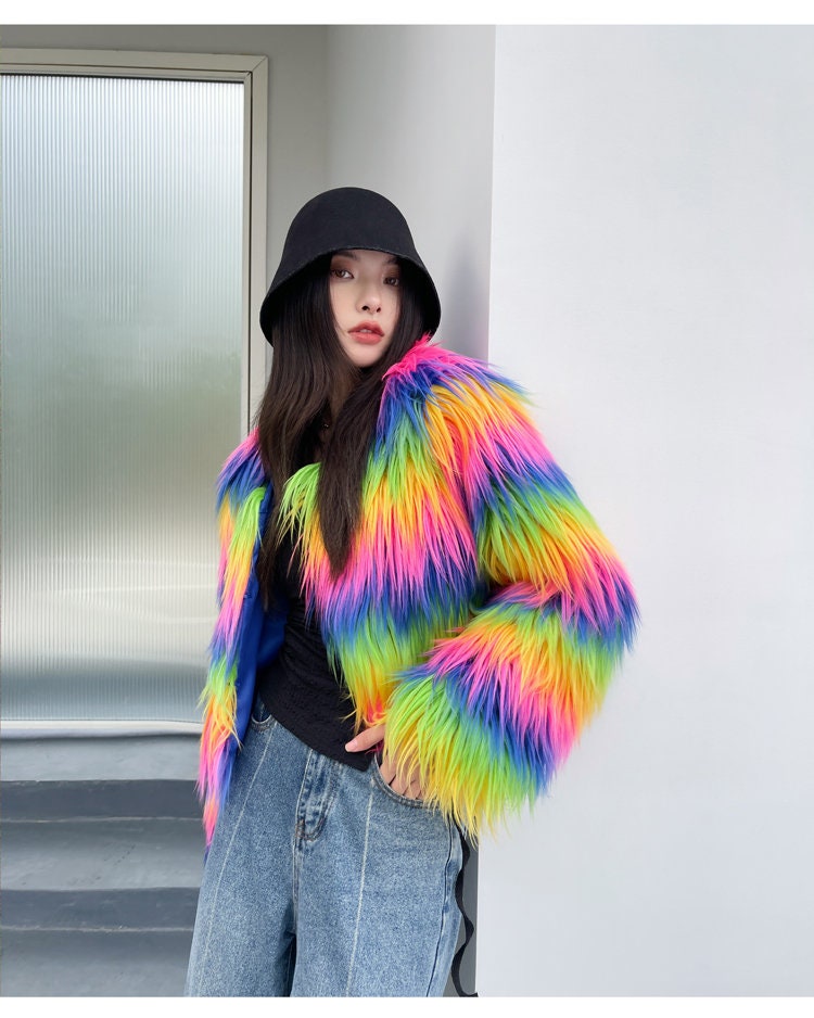 Fluffy furry faux fur jacket coat rainbow color rave punk goth cozy plur top party clubwear unique designer outdoors gift for her