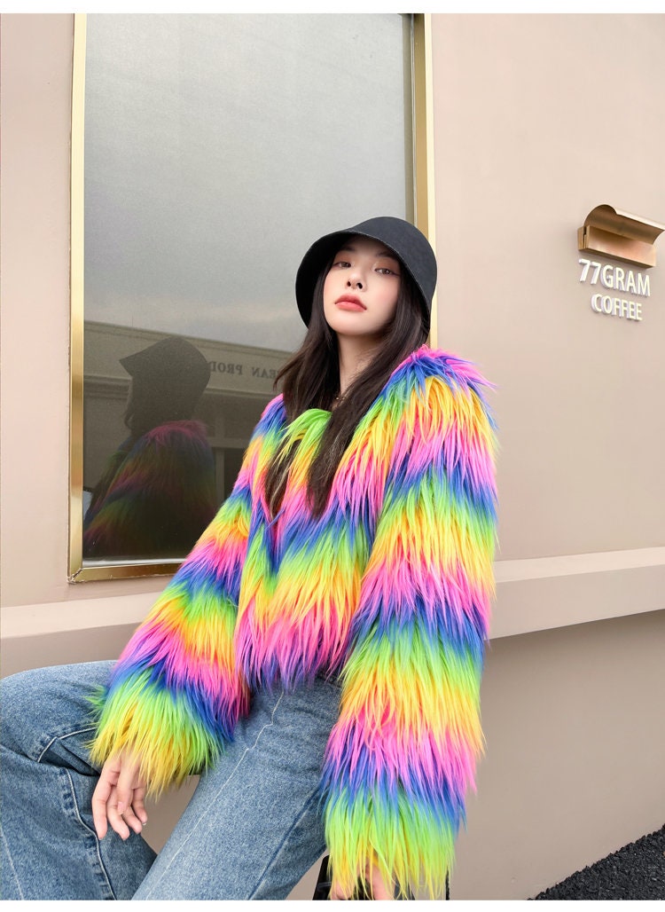 Fluffy furry faux fur jacket coat rainbow color rave punk goth cozy plur top party clubwear unique designer outdoors gift for her