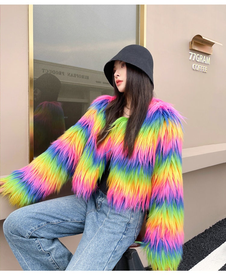 Fluffy furry faux fur jacket coat rainbow color rave punk goth cozy plur top party clubwear unique designer outdoors gift for her