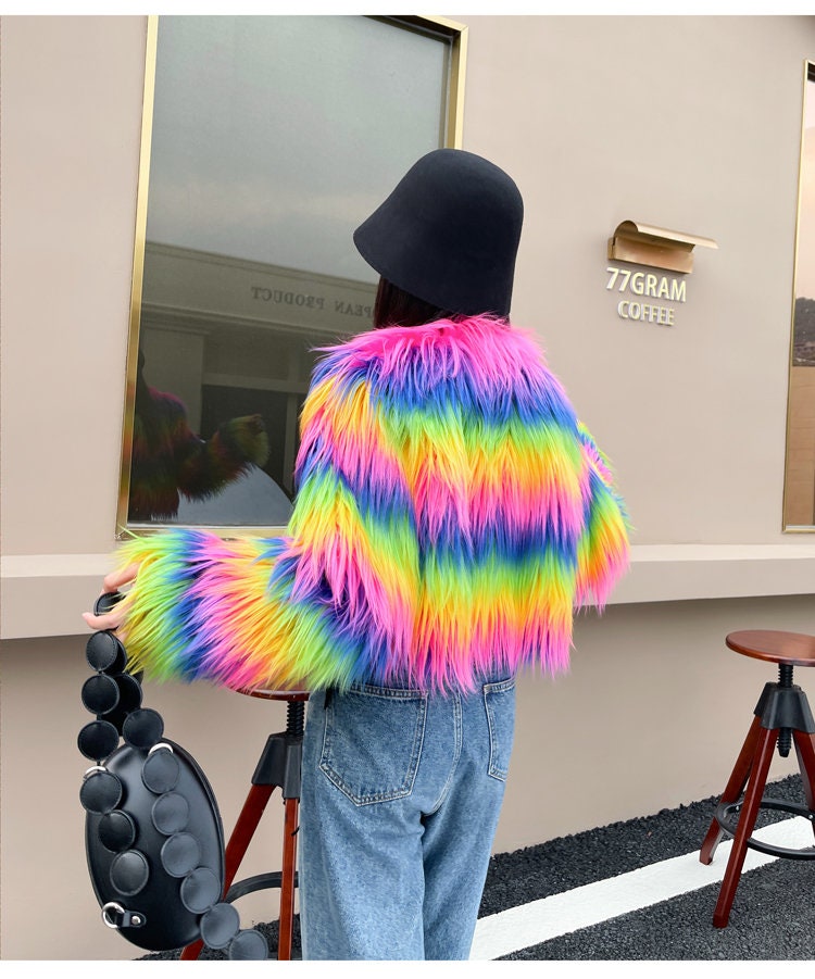 Fluffy furry faux fur jacket coat rainbow color rave punk goth cozy plur top party clubwear unique designer outdoors gift for her