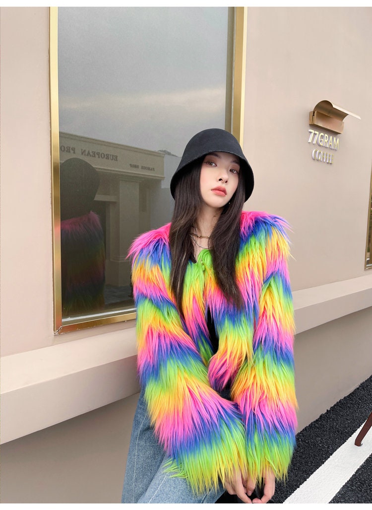 Fluffy furry faux fur jacket coat rainbow color rave punk goth cozy plur top party clubwear unique designer outdoors gift for her