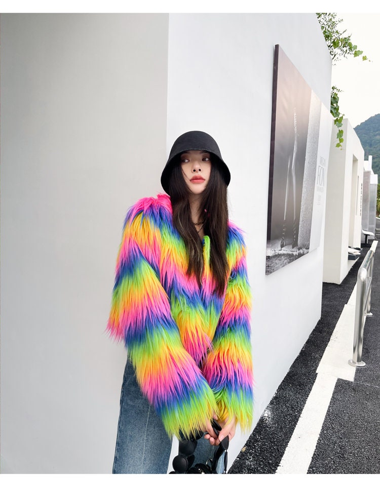 Fluffy furry faux fur jacket coat rainbow color rave punk goth cozy plur top party clubwear unique designer outdoors gift for her