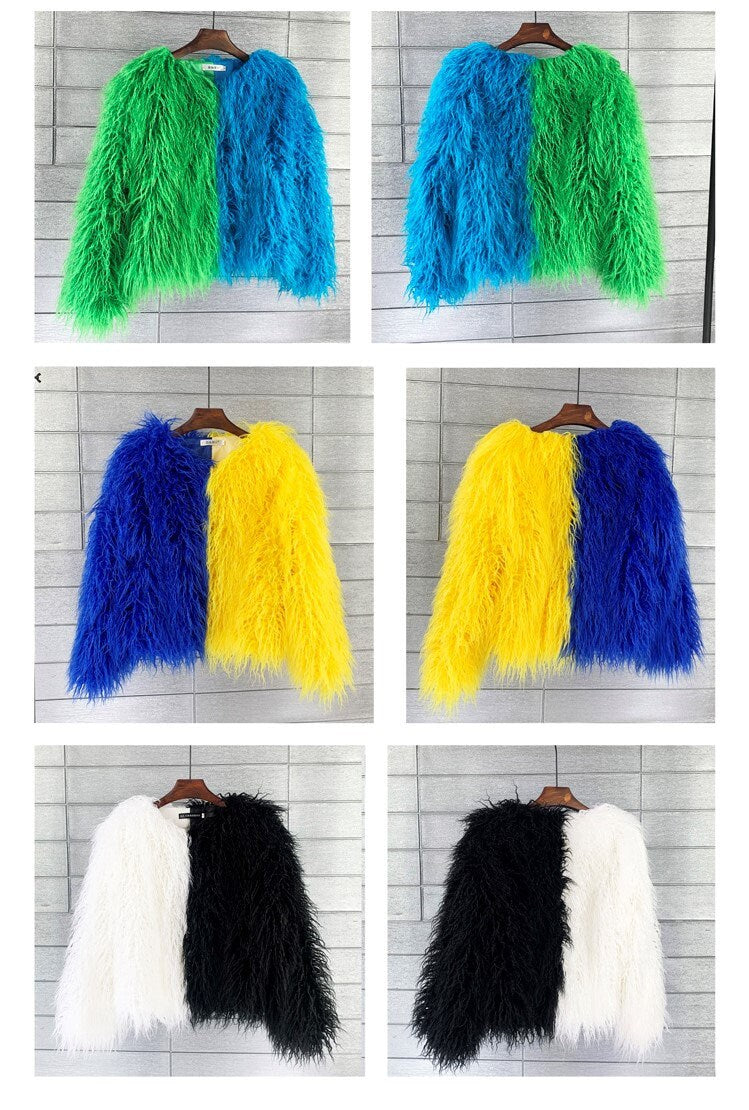 Fluffy furry faux fur jacket coat bi-color patchwork rave punk goth cozy plur top party clubwear unique designer winter jacket