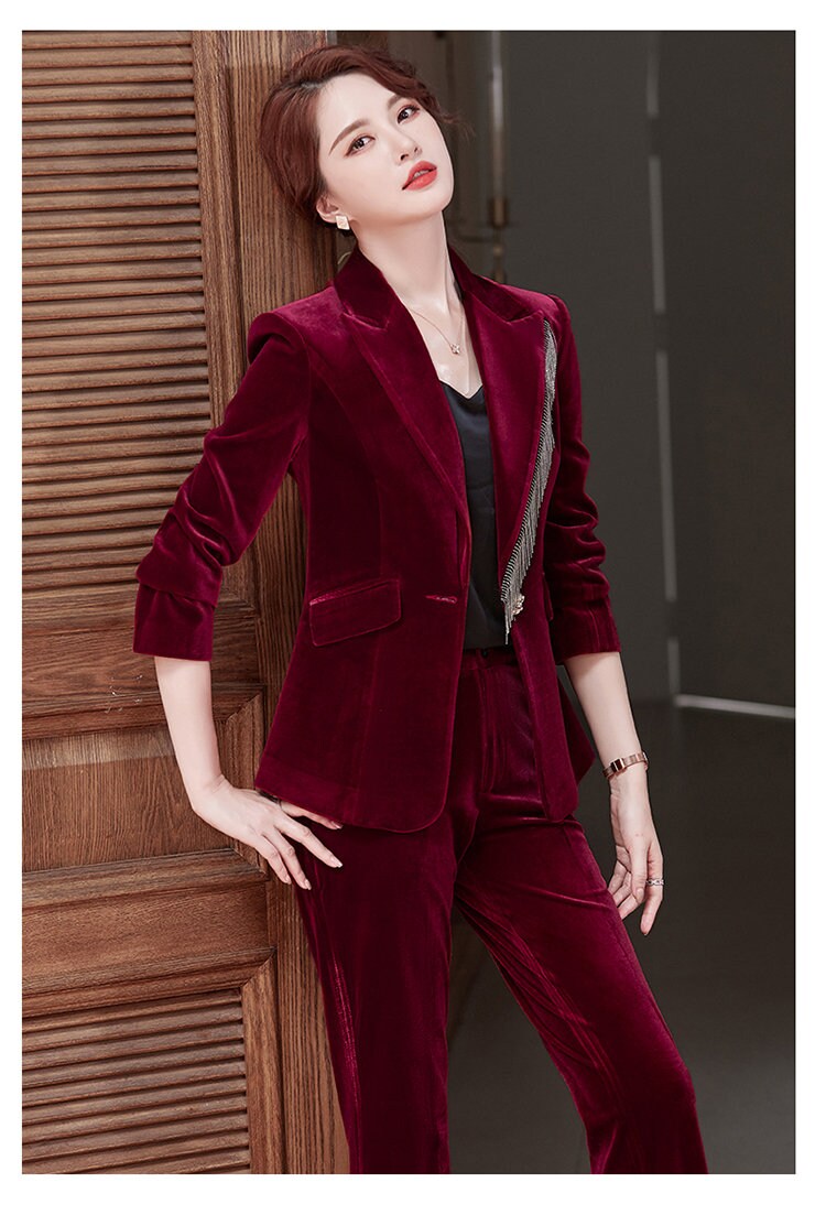 Red/ Blue / Black corduroy pantsuit, designer woman suit jacket + pants suit set formal wear office work party birthday event wedding gift