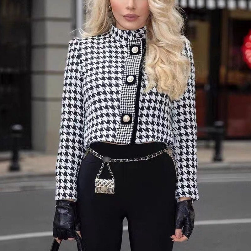 Black & white checkered Women short blazer, designer slim cut suit jacket Formal Woman Suit Event Party Wedding Gift for her KOL IG