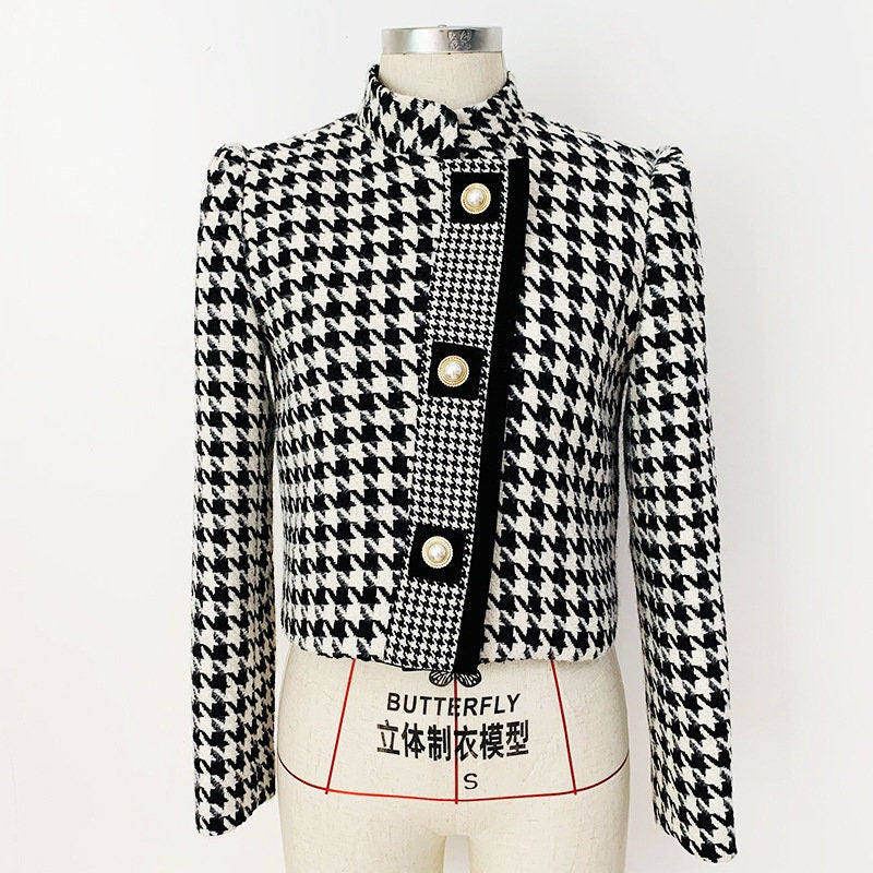 Black & white checkered Women short blazer, designer slim cut suit jacket Formal Woman Suit Event Party Wedding Gift for her KOL IG