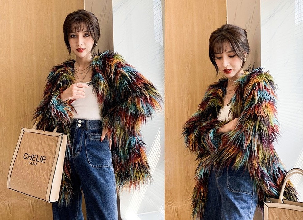 Furry wool fur jacket coat mixed color rave punk goth cozy plur top party clubwear unique designer outdoors gift for her