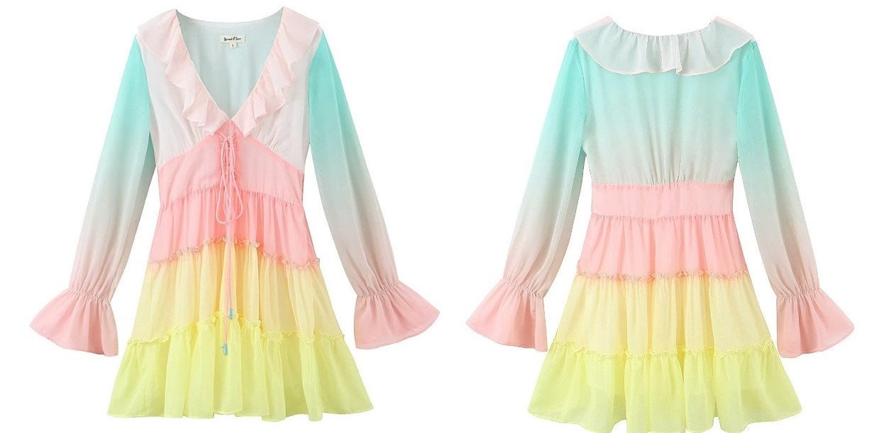 Rainbow princess dress, designer woman deep V puffy sleeves fairy pastel color party event wedding birthday gift