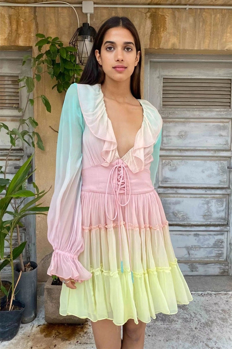 Rainbow princess dress, designer woman deep V puffy sleeves fairy pastel color party event wedding birthday gift