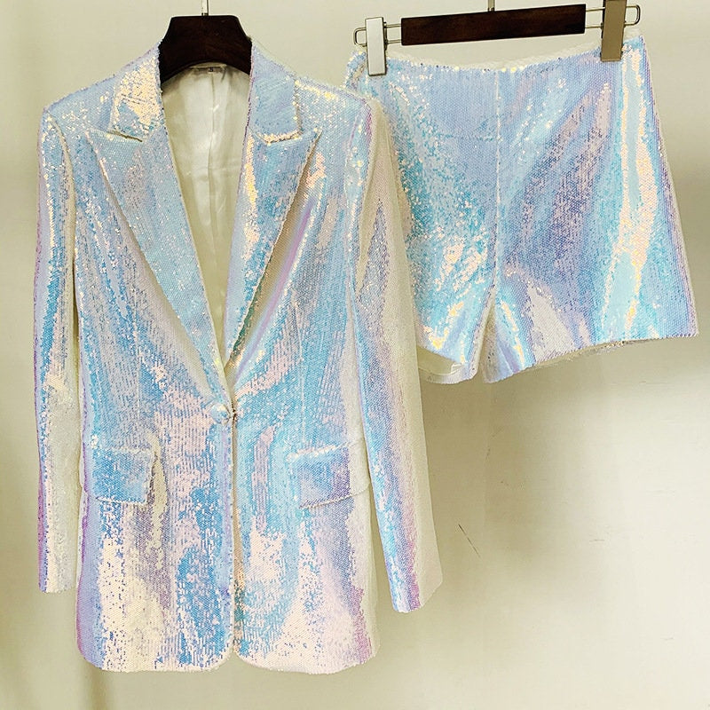 Silver Shiny Sequin pantsuit, Designer Woman Suit Jacket + shorts, suit set for Smart Casual/ Formal/ Party/ Gift for her