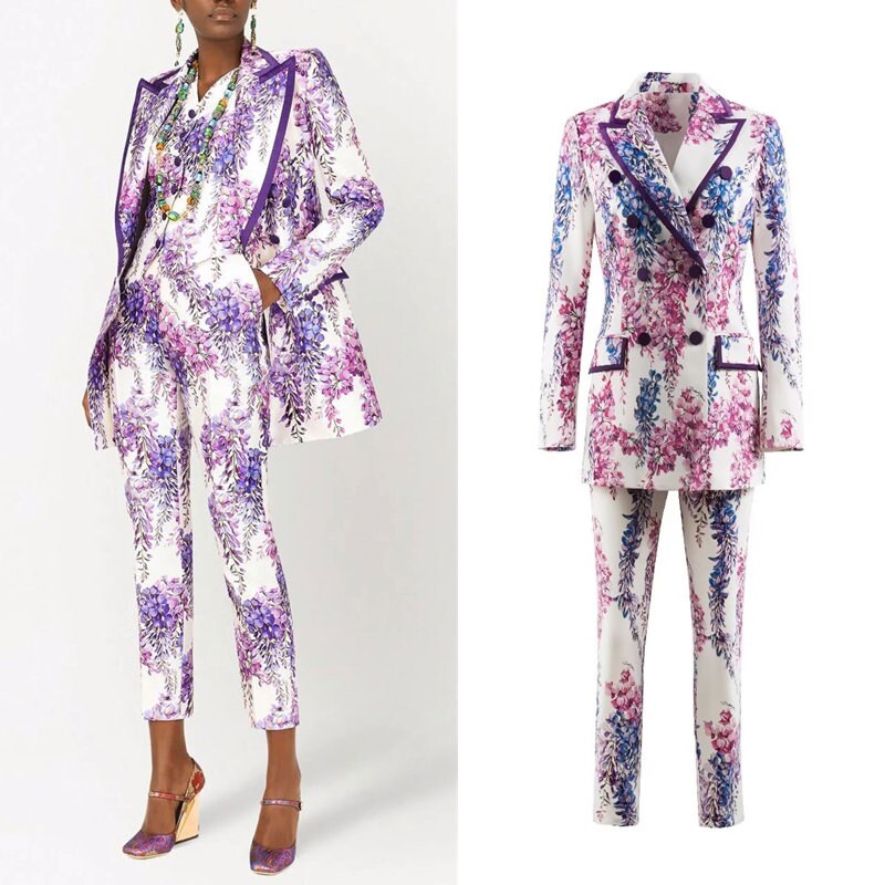 Wisteria flower pantsuit, Designer Woman floral pattern Suit Jacket + pants, suit set for Smart Casual/ Formal/ Party/ Gift for her