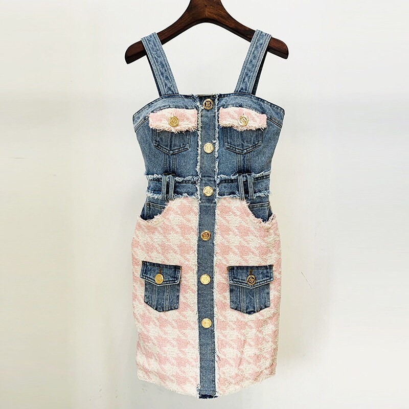 Denim patchwork vest dress, designer woman one piece rompers casual dress for Smart Casual/ Formal/ Party/ Gift for her